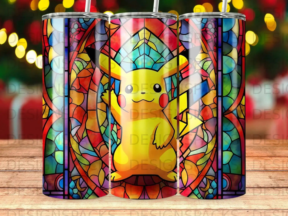 Pikachu in a stained glass window design on a tumbler.