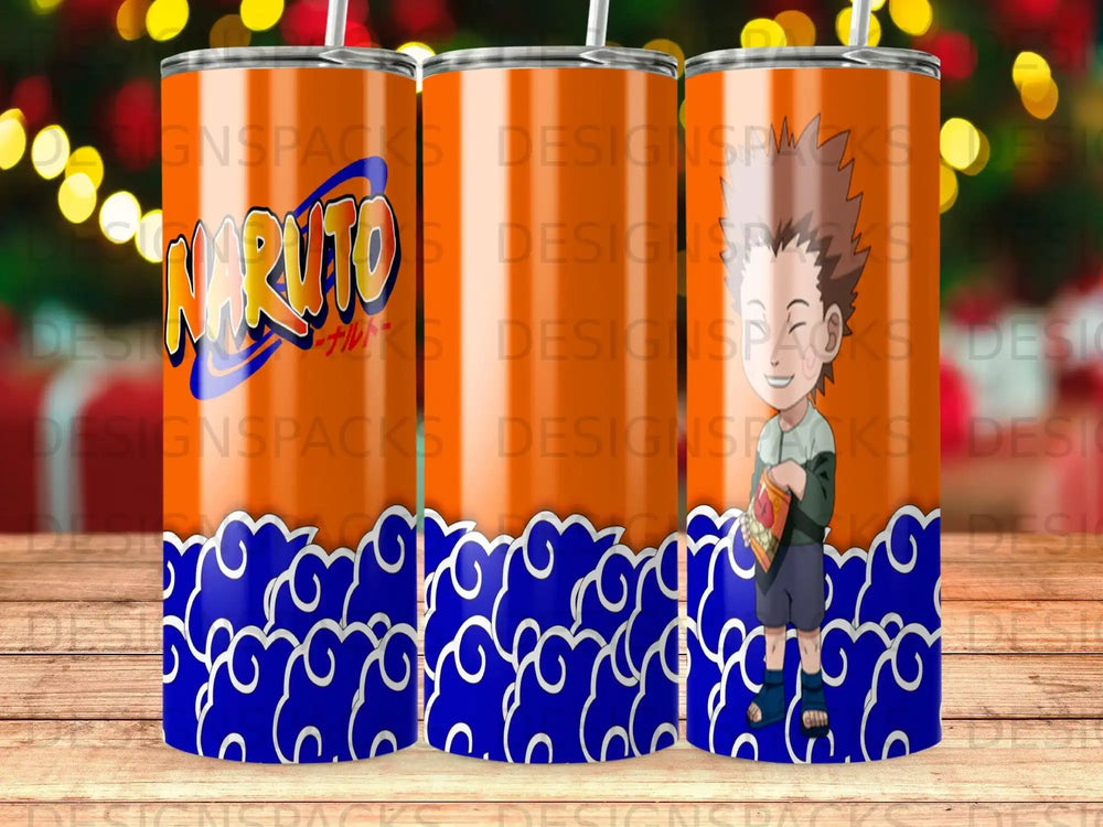 Naruto character on a tumbler with orange and blue cloud design.