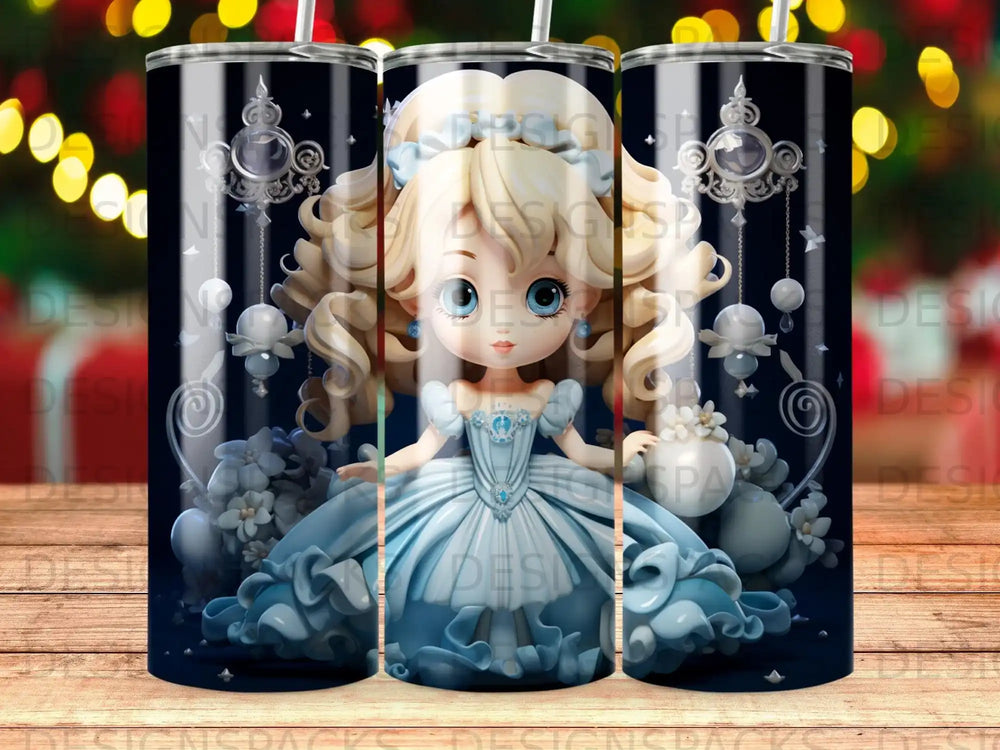 Blue-themed tumbler with blonde girl in ball gown holding orb.
