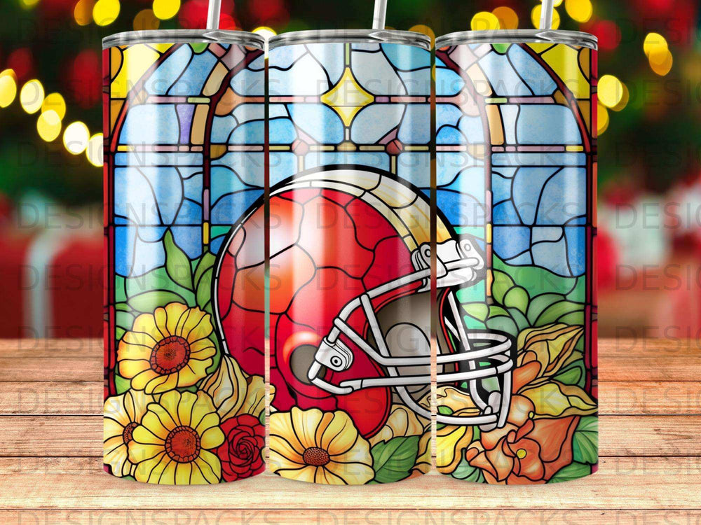 Red football helmet and stained glass with sunflowers.