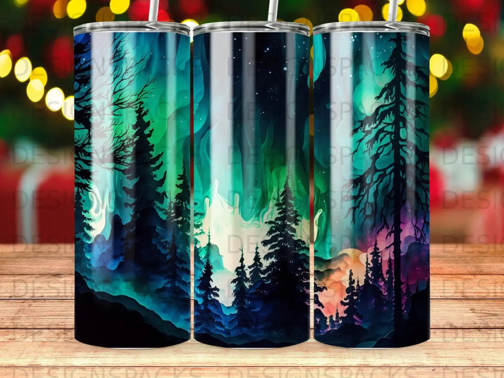 Dark pine trees silhouetted against a vibrant green and purple aurora borealis.