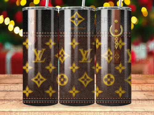 Louis Vuitton monogram tumbler with brown leather and gold hardware.