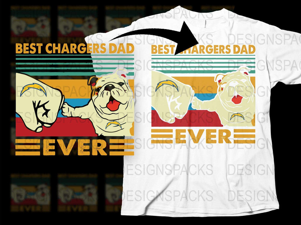 Best Chargers Dad Ever T-Shirt, Cartoon Dog Design, Colorful Striped Graphic Tee for Fathers, Sporty Casual Wear