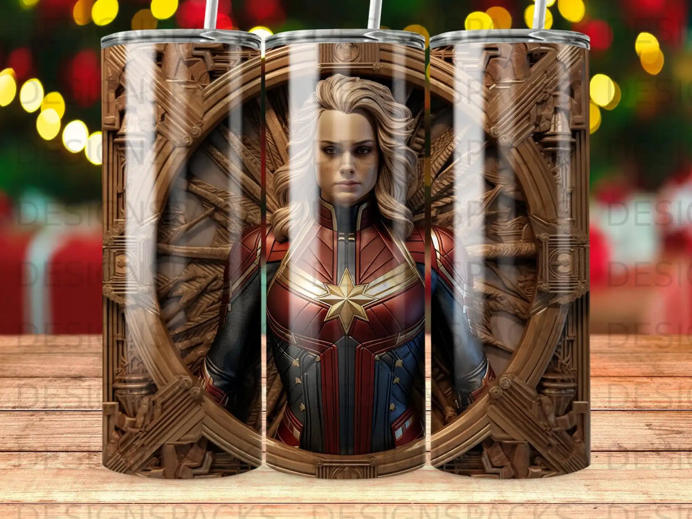 Captain Marvel in a wooden frame with a bokeh background.