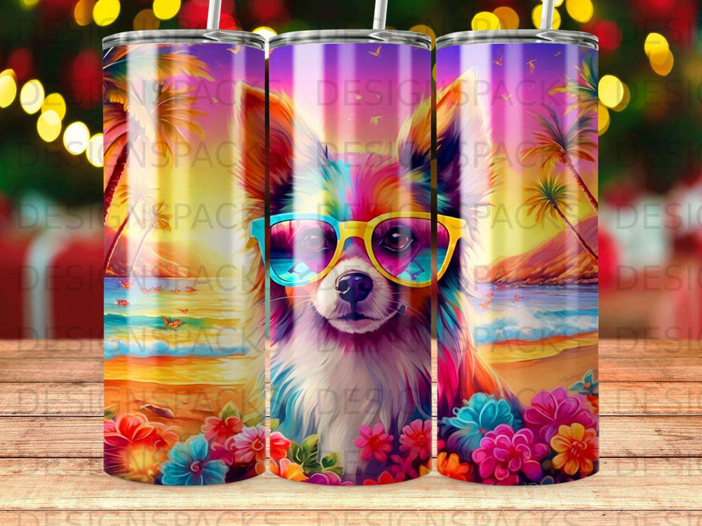 Chihuahua wearing sunglasses with colorful beach scene.