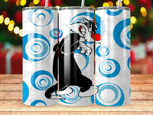 Cartoon cat character on a blue and white circular pattern tumbler.