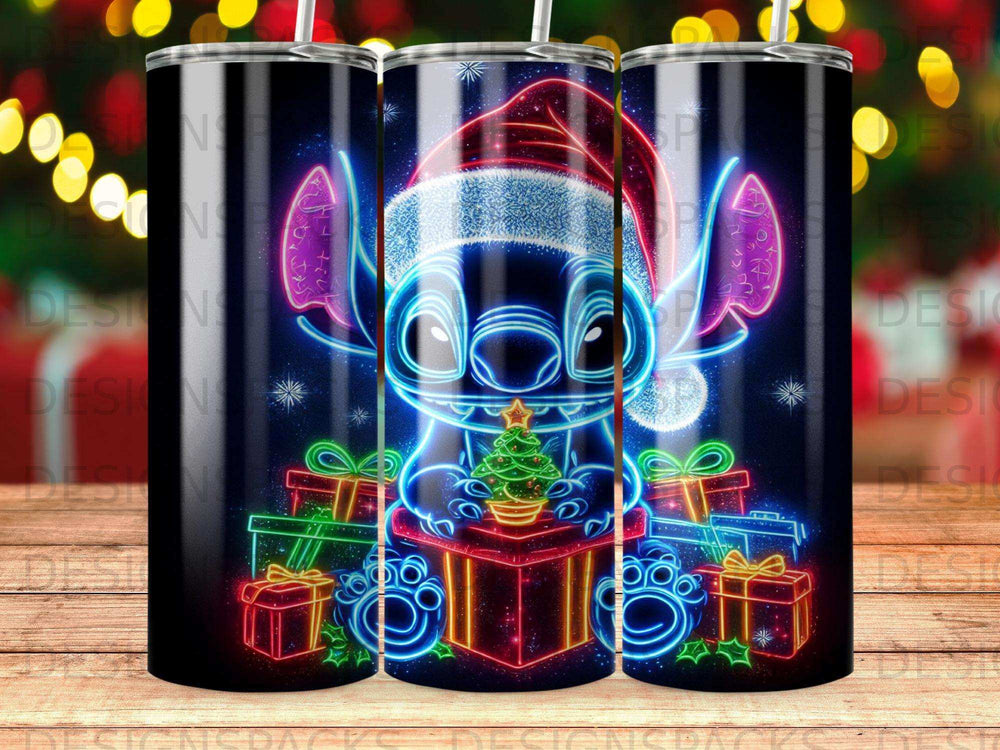 Stitch in a Santa hat holds a Christmas tree, surrounded by gifts.