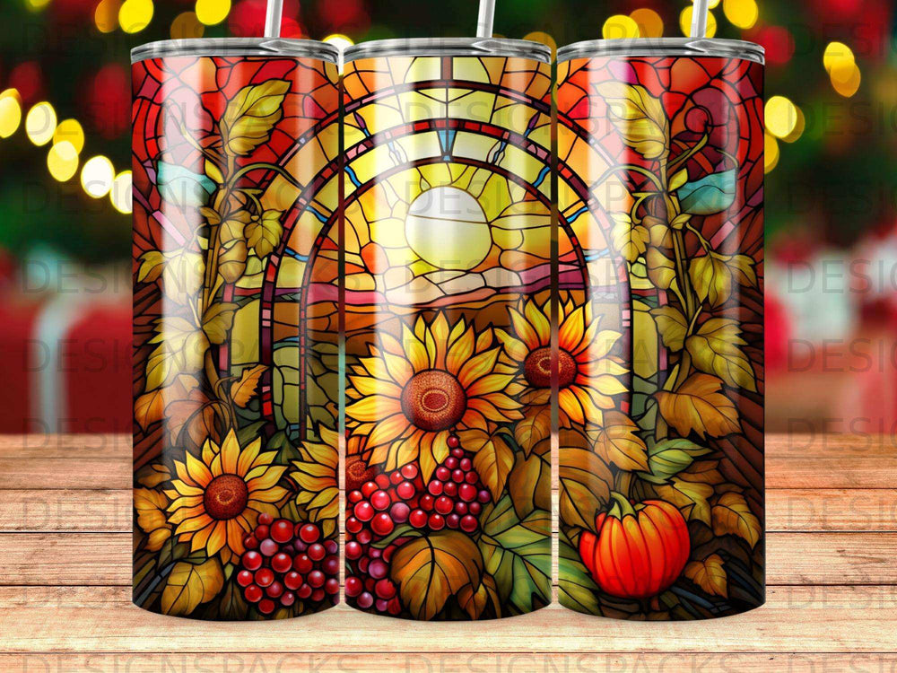 Stained glass tumbler with sunflowers, grapes, and a pumpkin design.