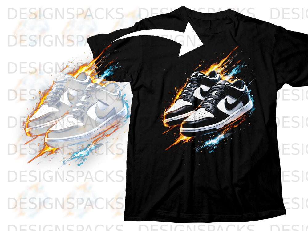 Black t-shirt with a graphic of black and white sneakers surrounded by fire and water.