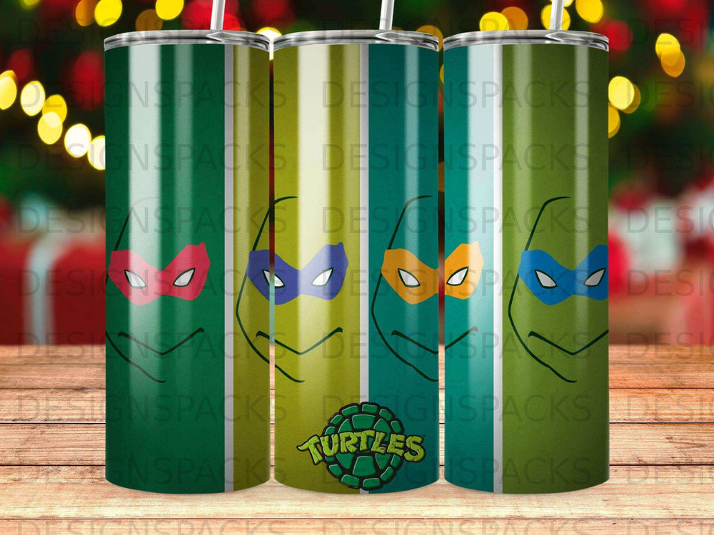 Teenage Mutant Ninja Turtles tumblers with character masks and logo.