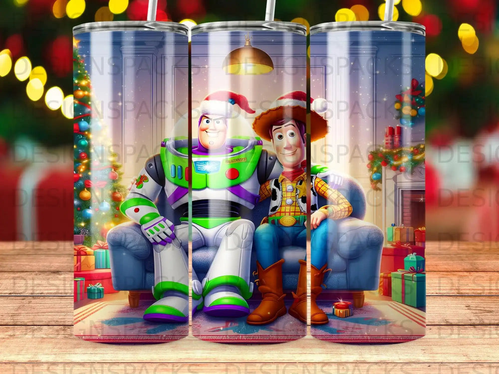 Buzz Lightyear and Woody sitting on a couch with Christmas decorations.