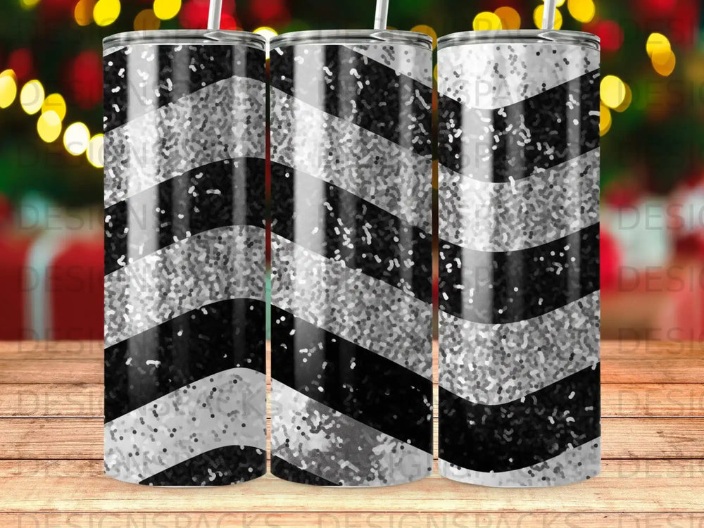 Black and silver glitter chevron pattern on a tall tumbler.
