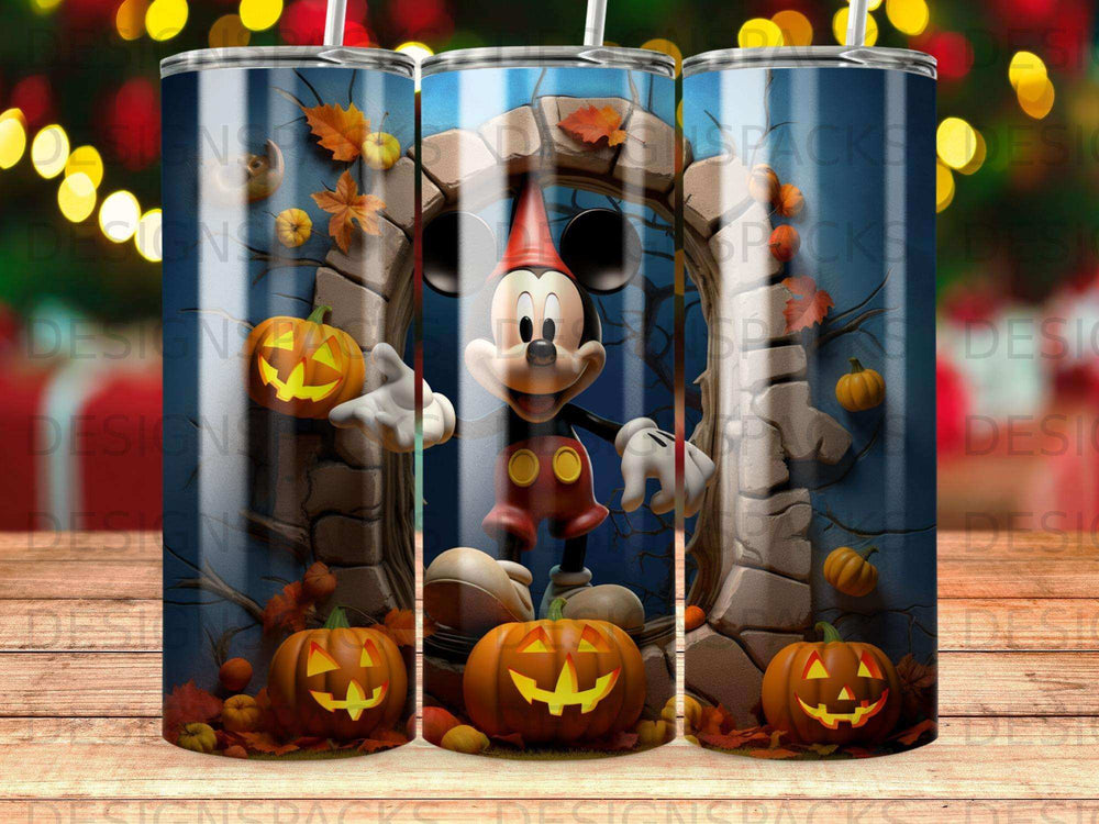 Mickey Mouse Halloween tumbler with pumpkins and autumn leaves.
