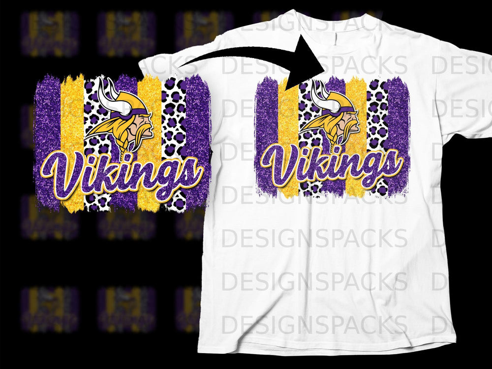 Purple, gold, and leopard print Vikings graphic with glitter texture.