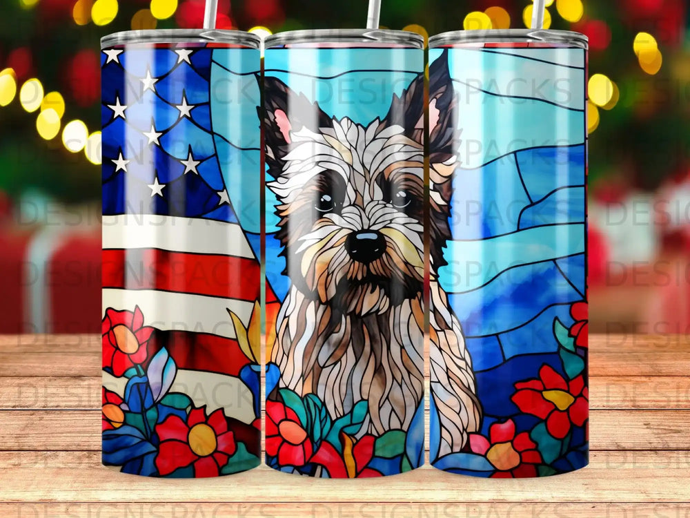 Yorkshire Terrier in stained glass style, with American flag and floral accents.