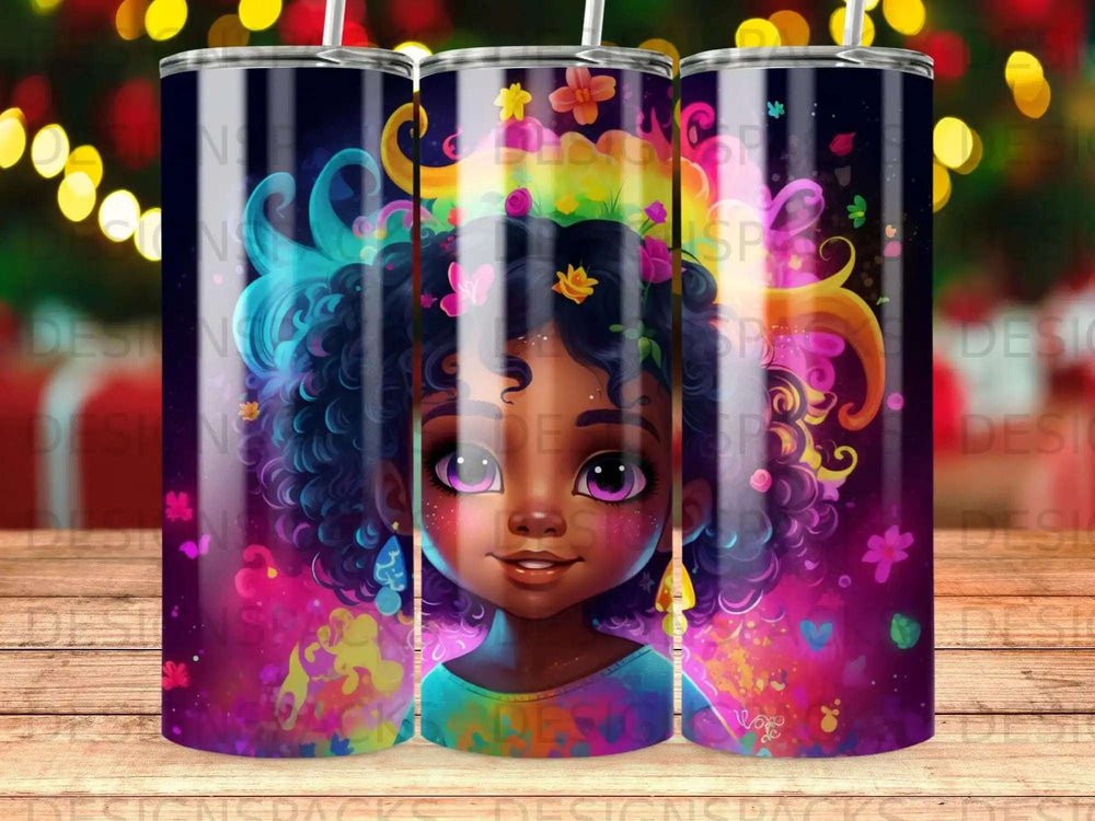 Illustration of a Black girl with colorful curly hair, smiling, with floral accents.