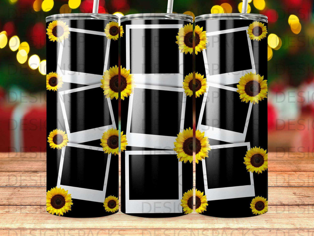 Black tumbler with sunflower polaroid frames and yellow sunflowers.