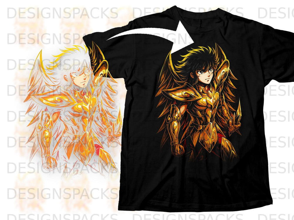 Black t-shirt featuring a golden anime knight with feathered wings.