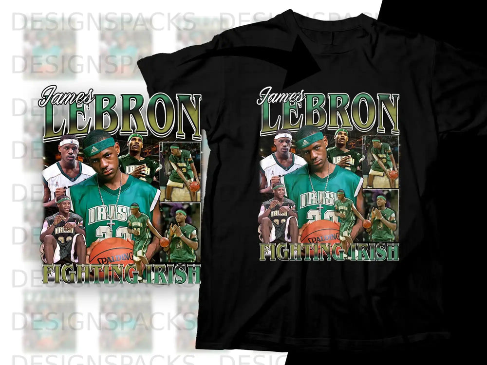 LeBron James in fighting Irish jersey with text "LeBron Fighting Irish".
