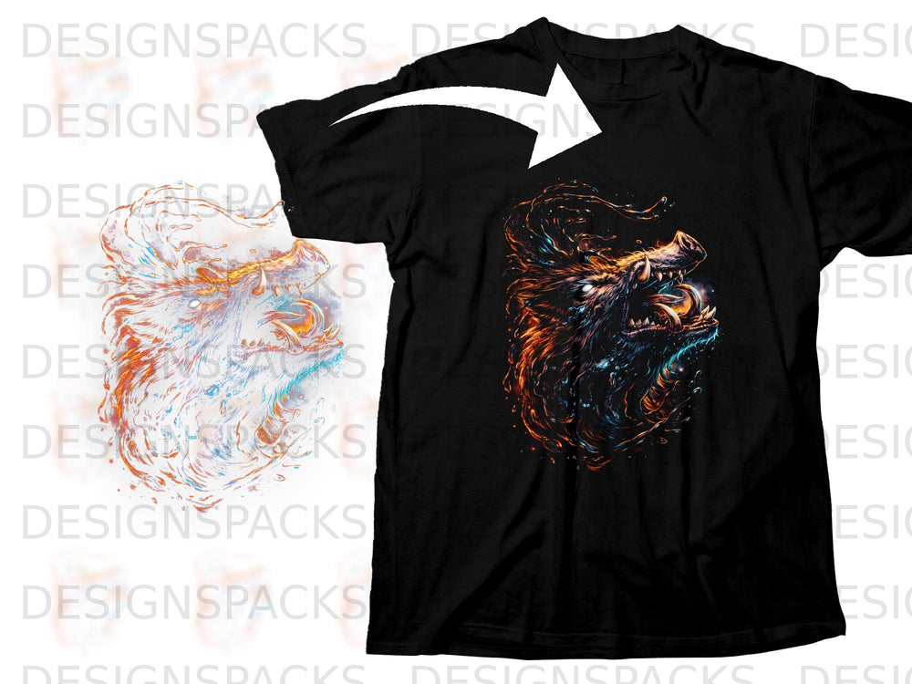 Black t-shirt with a fiery, abstract boar head graphic.