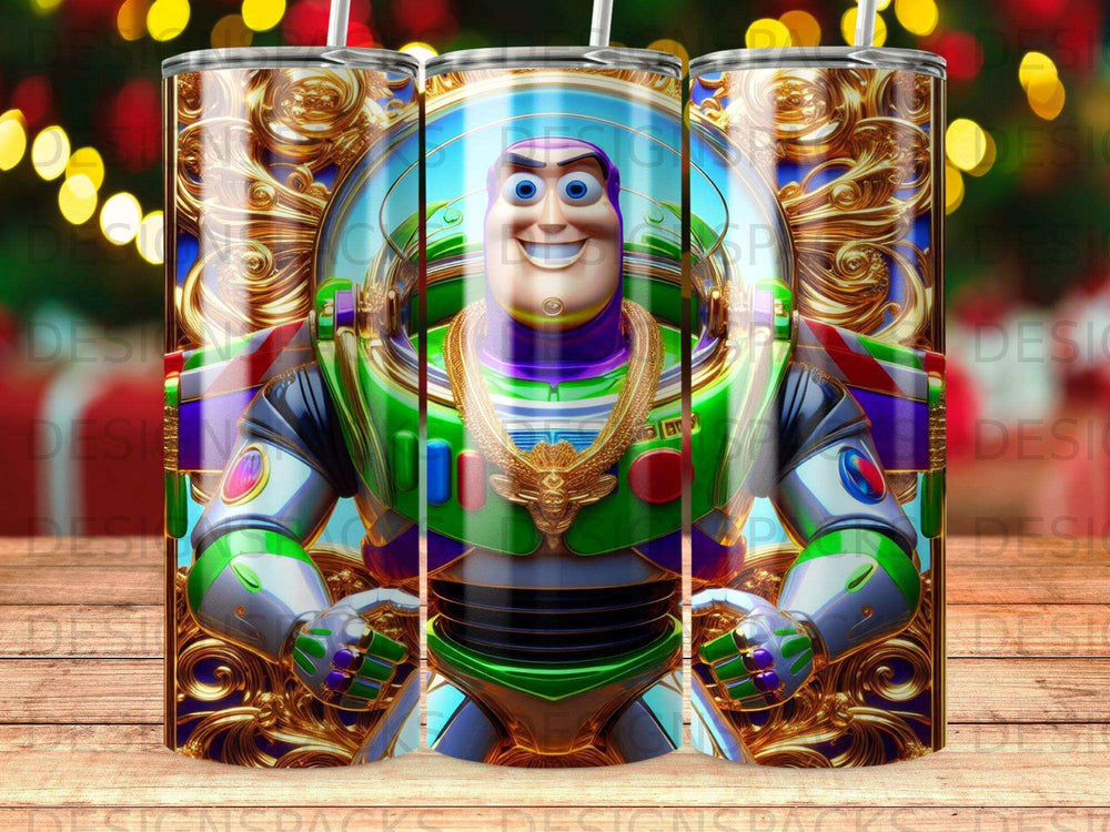 Buzz Lightyear character in ornate gold frame, with bokeh lights background.