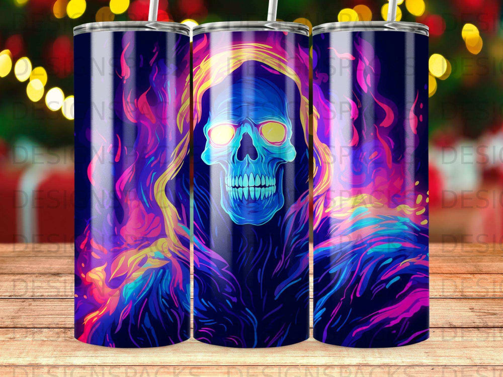 Blue skull with fiery headdress on a dark, colorful background.