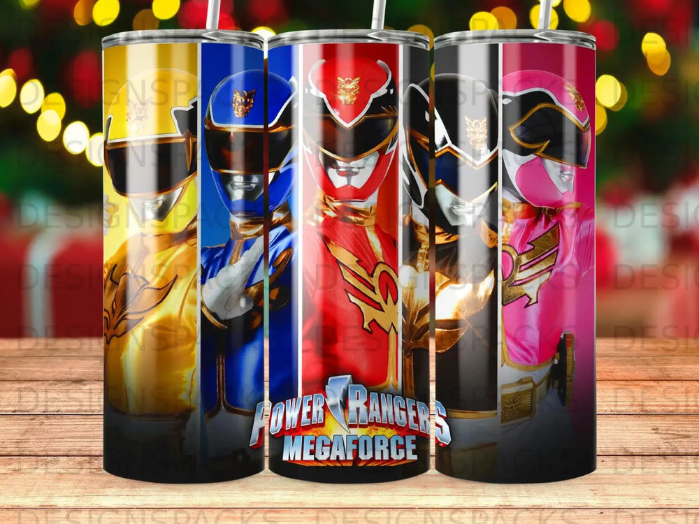 Power Rangers Megaforce helmets in a row on a tumbler.