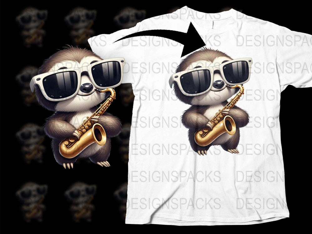Cool Sloth With Sunglasses Playing Saxophone Graphic T-Shirt, Unisex Casual Summer Tee, Fun Music Lover Gift