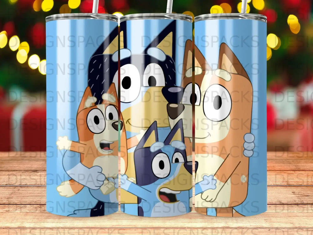 Bluey and Bingo characters on a blue striped background with "DESIGNSPACK" watermark.