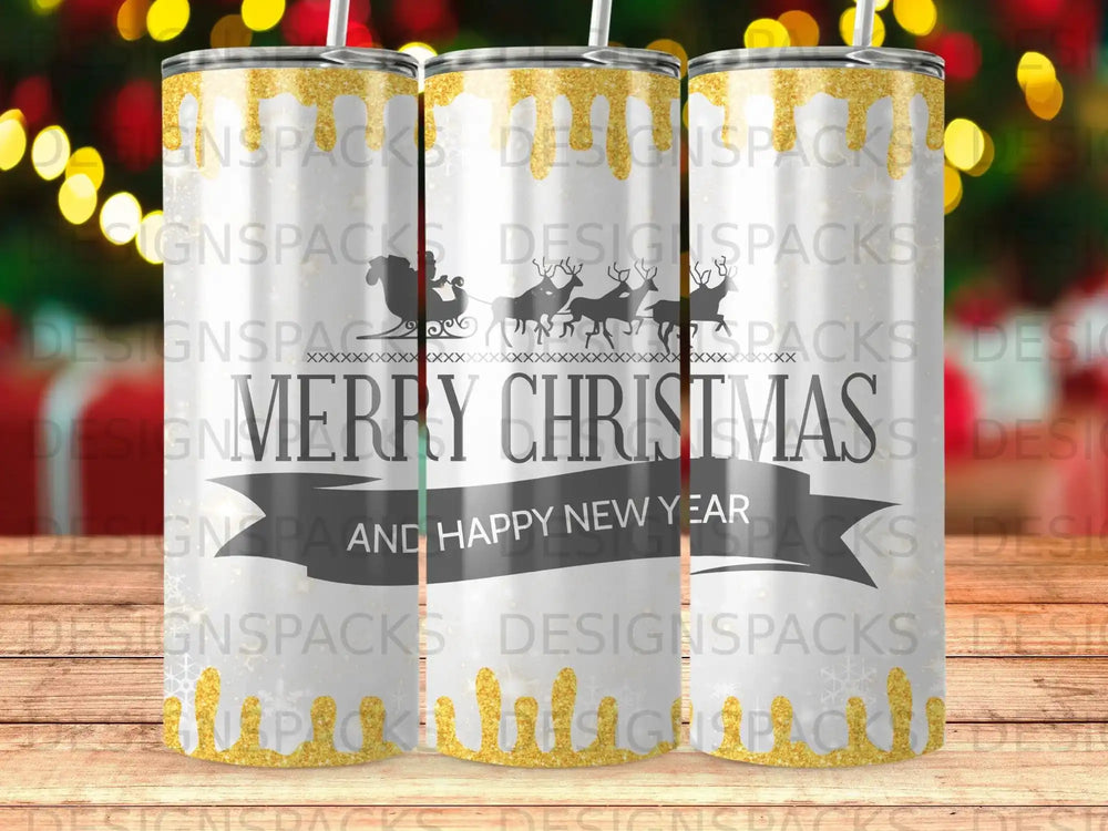 Tumbler with Merry Christmas and Happy New Year text and snowflake pattern.