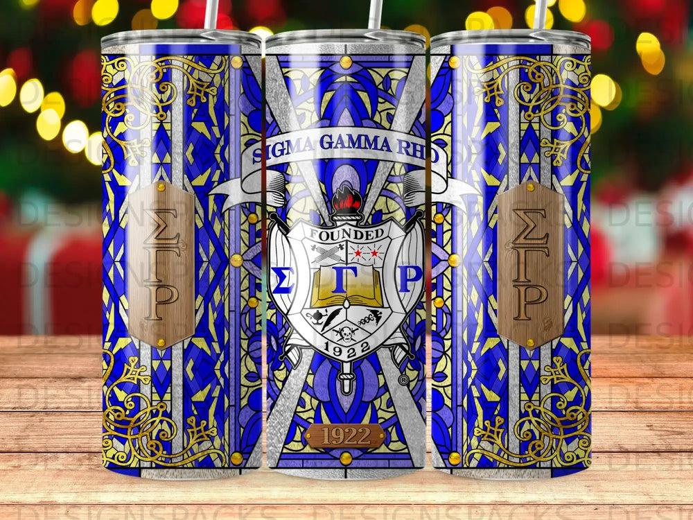 Tumbler with Sigma Gamma Rho crest, "Founded 1922", and blue and gold stained glass pattern.