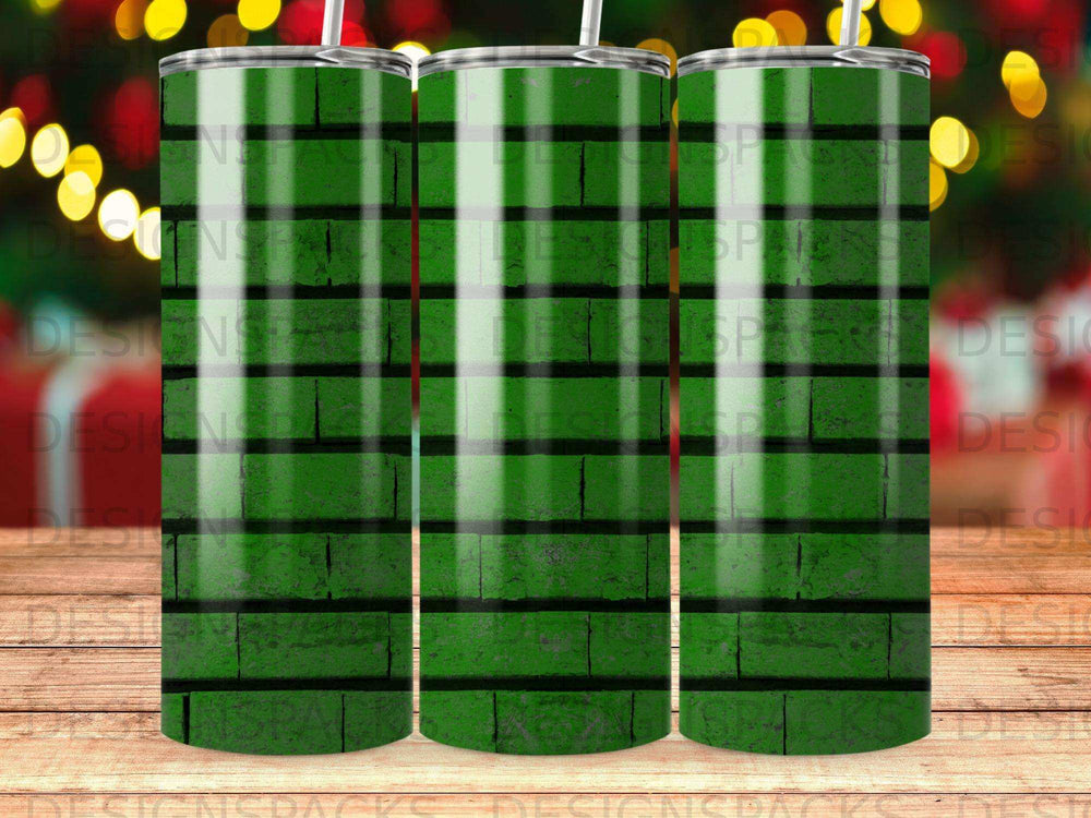 Green and black striped tumbler with a brick texture pattern.