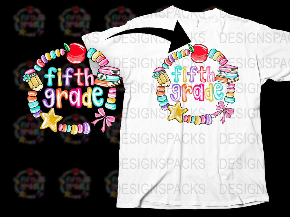 Fifth Grade Teacher T-Shirt - Colorful Beads and Stars Design, Comfortable White Tee for Educators