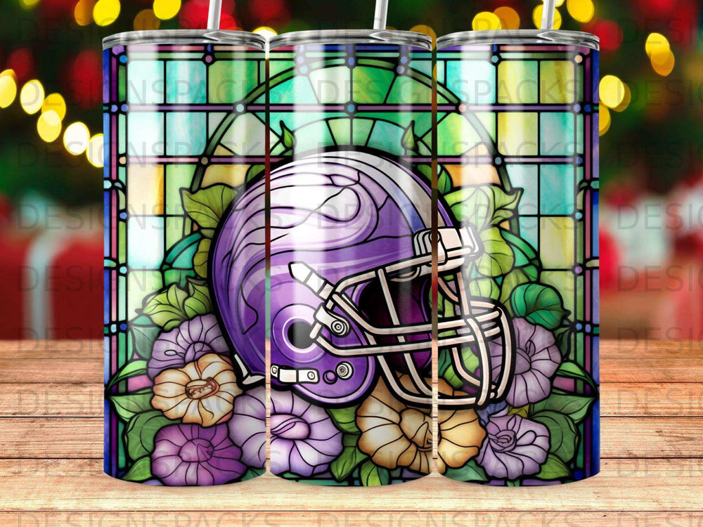 Purple football helmet with stained glass and floral background.