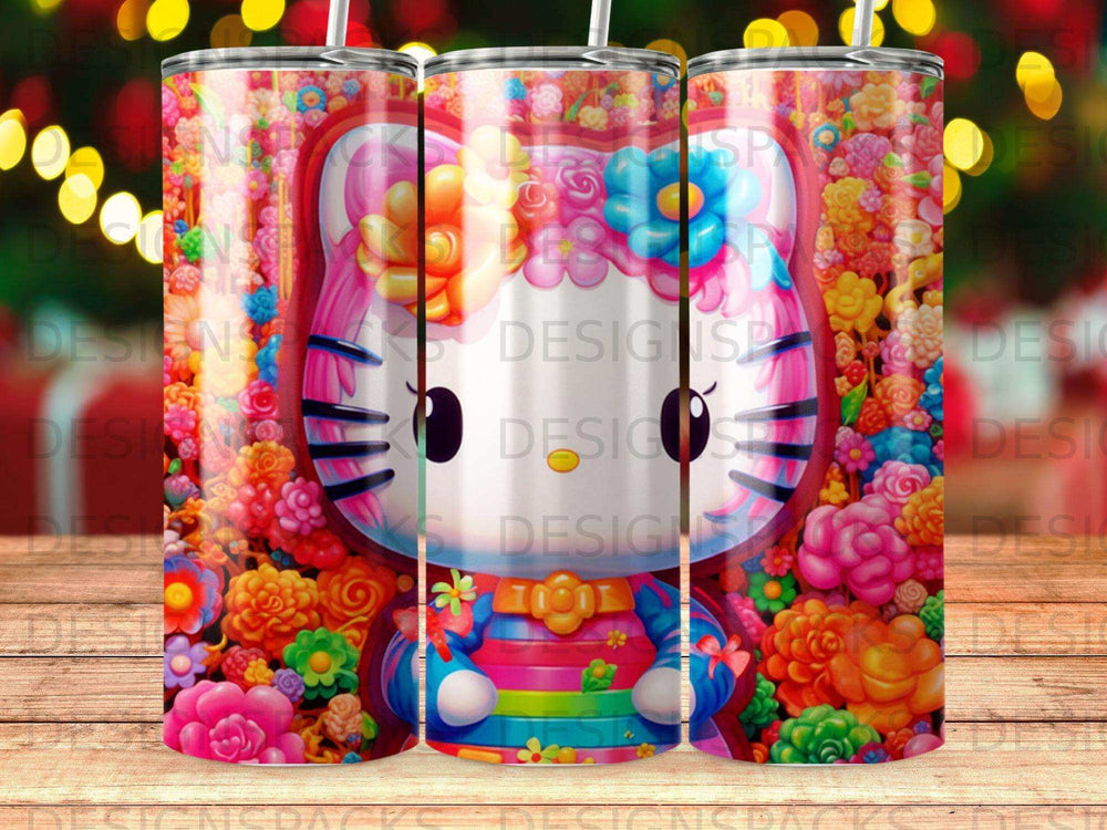 Hello Kitty with colorful floral background and horizontal stripes.