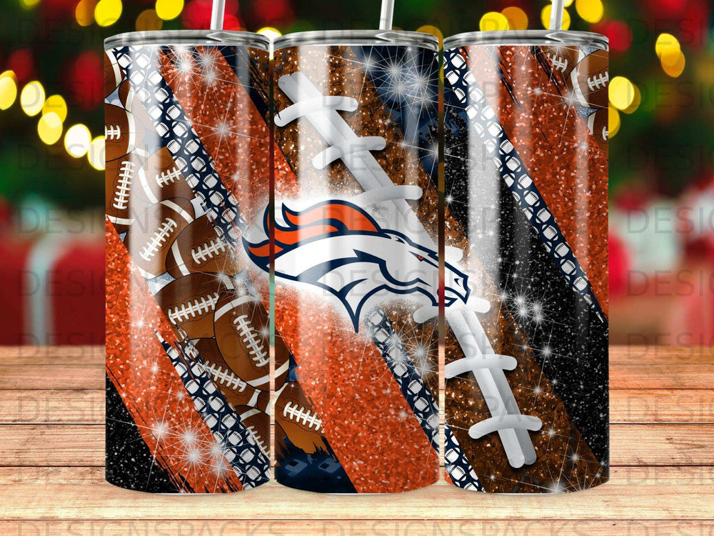 Denver Broncos tumbler with football and glitter accents.
