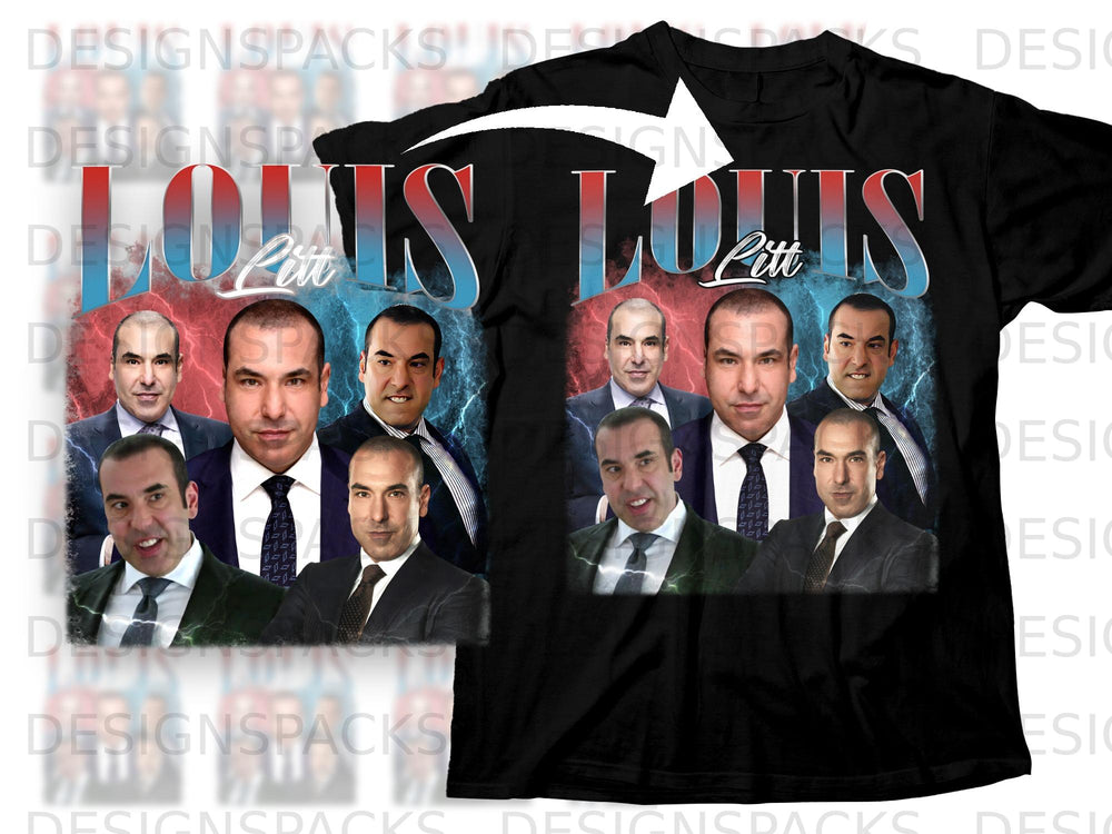Black t-shirt with "LOUIS LITT" text and montage of men in suits.