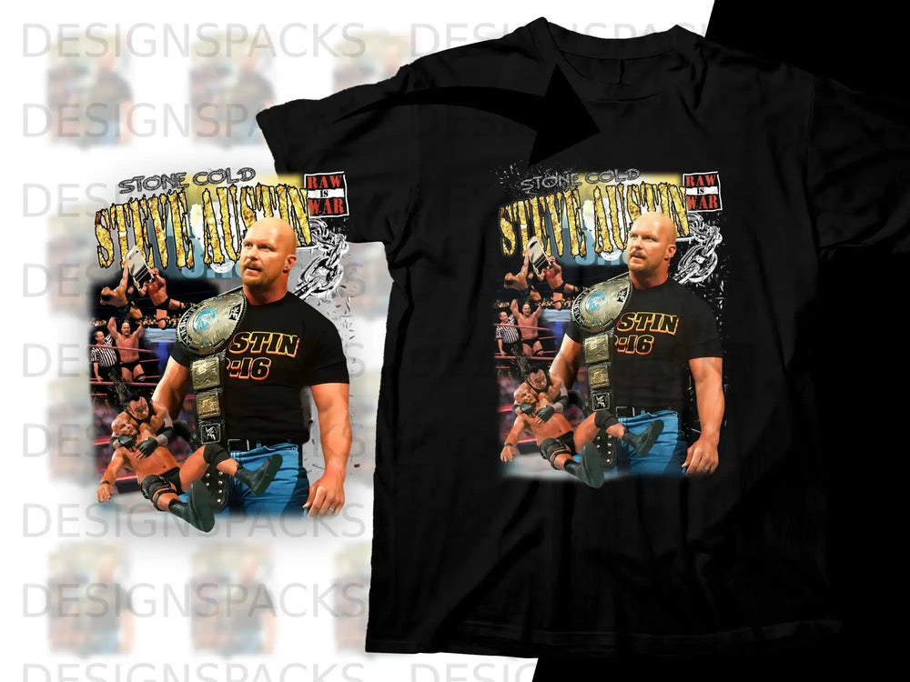 Stone Cold Steve Austin wrestling championship belt graphic on black t-shirt.