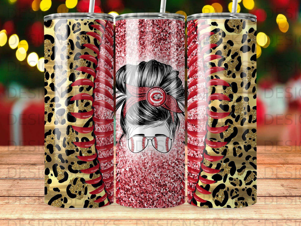 Tumbler with leopard print, glitter, and baseball graphic.