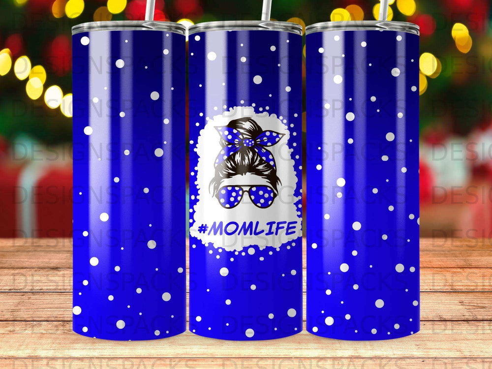 Blue tumbler with white polka dots and a messy bun graphic with "#MOMLIFE" text.
