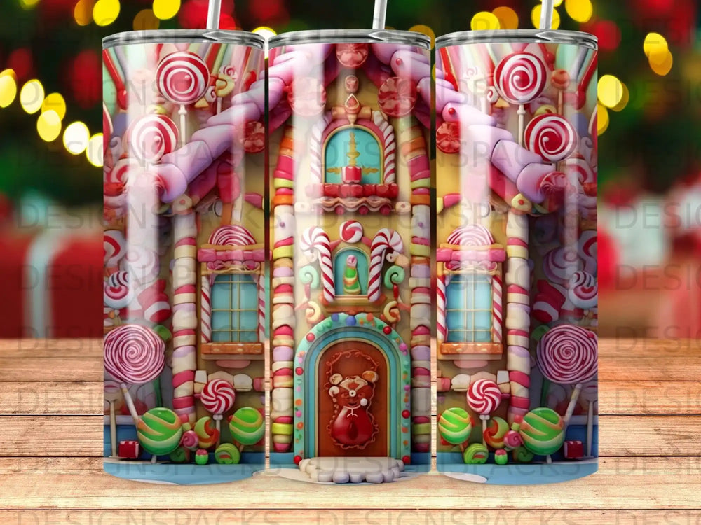 Gingerbread house decorated with candy and lollipops.