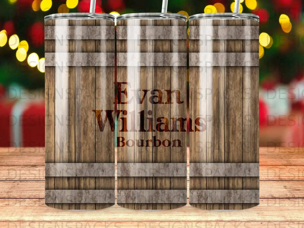 Evan Williams Bourbon tumbler with wood barrel design.