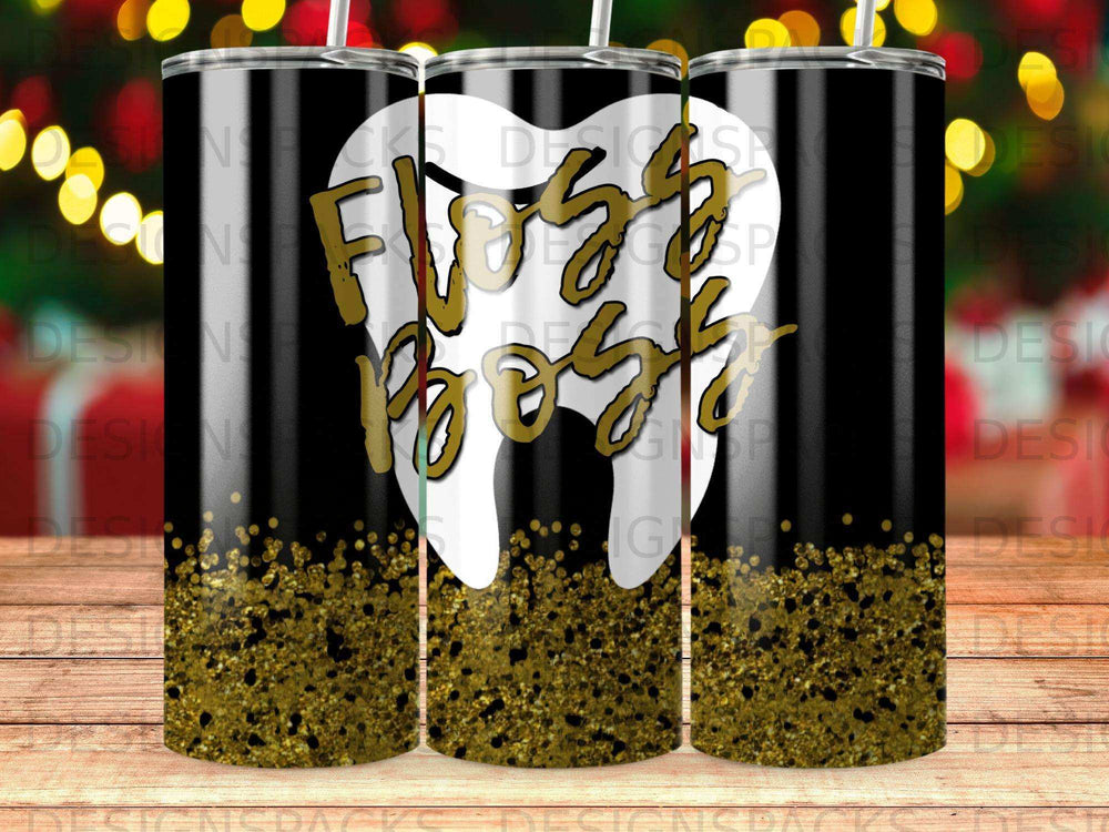 Gold glitter tumbler with a tooth and the words "Floss Boss".