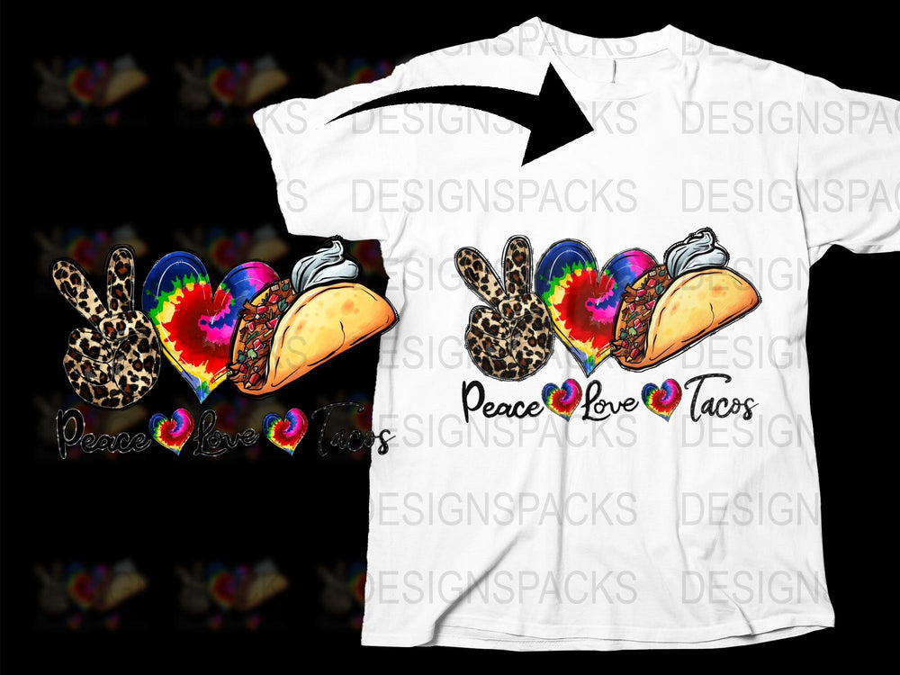 Colorful Peace Love Tacos Graphic T-Shirt, Heart Leopard Print, Casual Women's Tee, Trendy Top, Fun Food Shirt