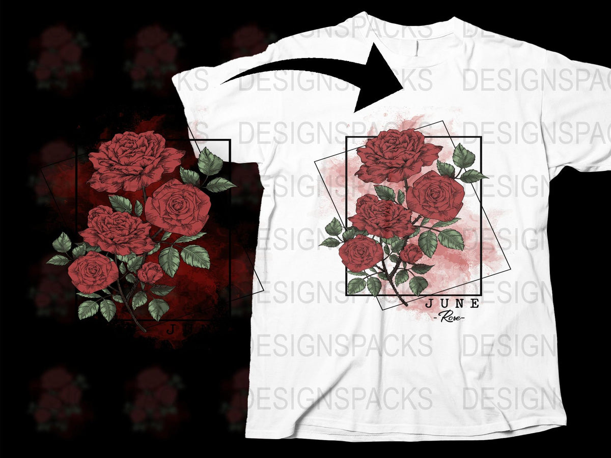 Floral Rose T-Shirt, Red and Black Graphic Tee, Artistic Flower Design, June Bloom, Soft Cotton Shirt