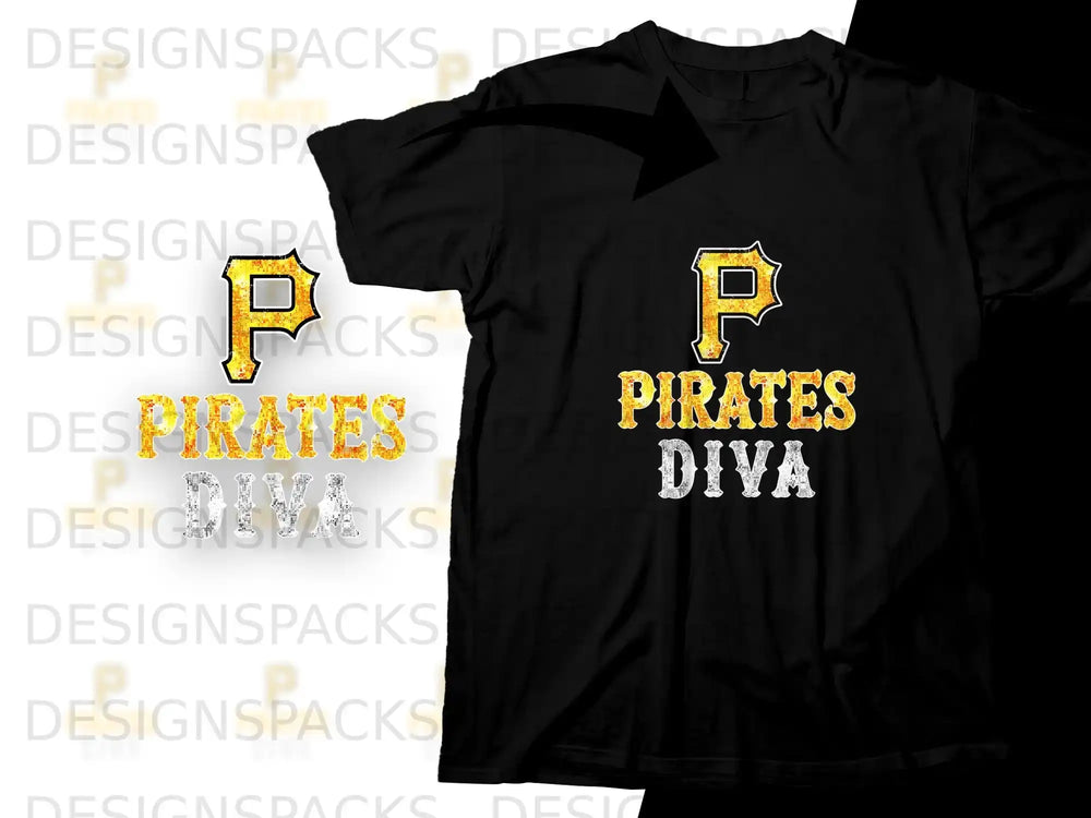 Black t-shirt with yellow and white "Pirates Diva" text and Pittsburgh Pirates logo.