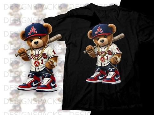 Bear in baseball attire wearing a Braves hat, holding a bat.