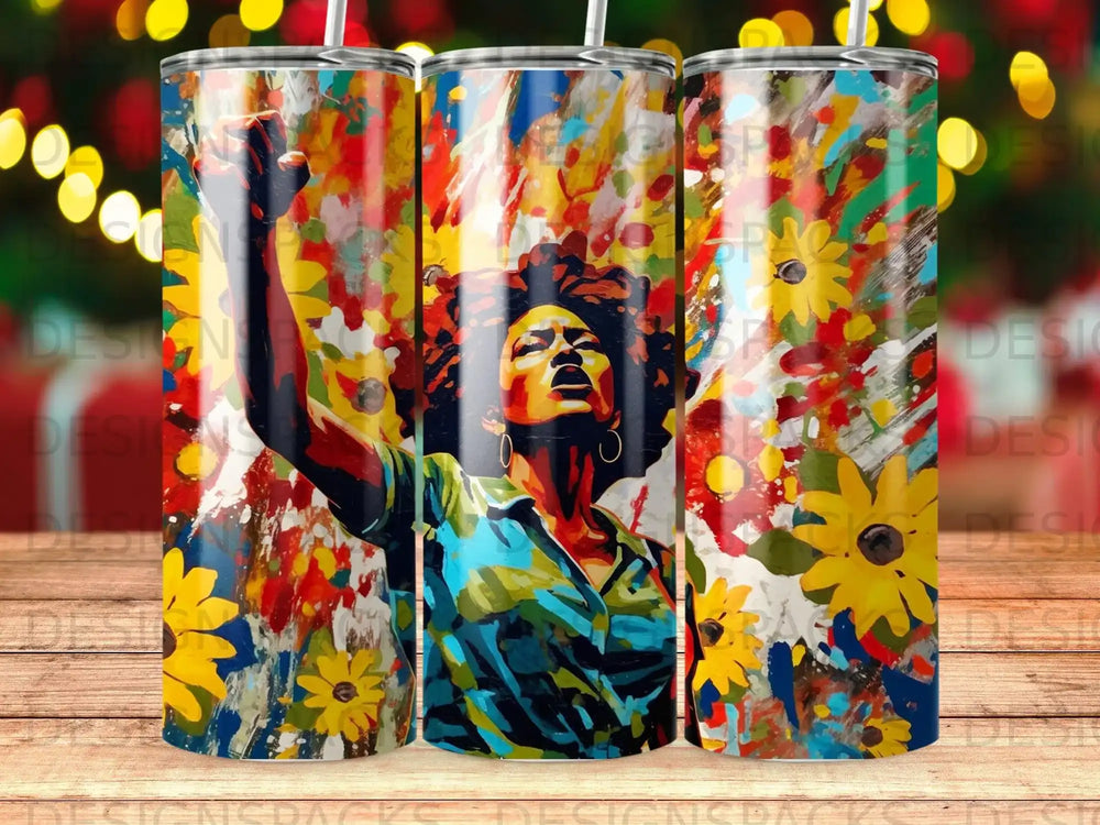 Woman raising fist in front of colorful abstract floral background.