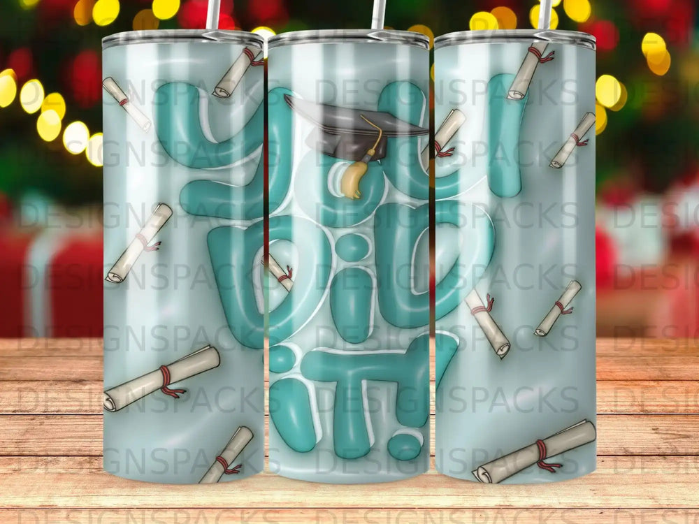 Mint green tumbler with graduation cap and "You Did It!" text.