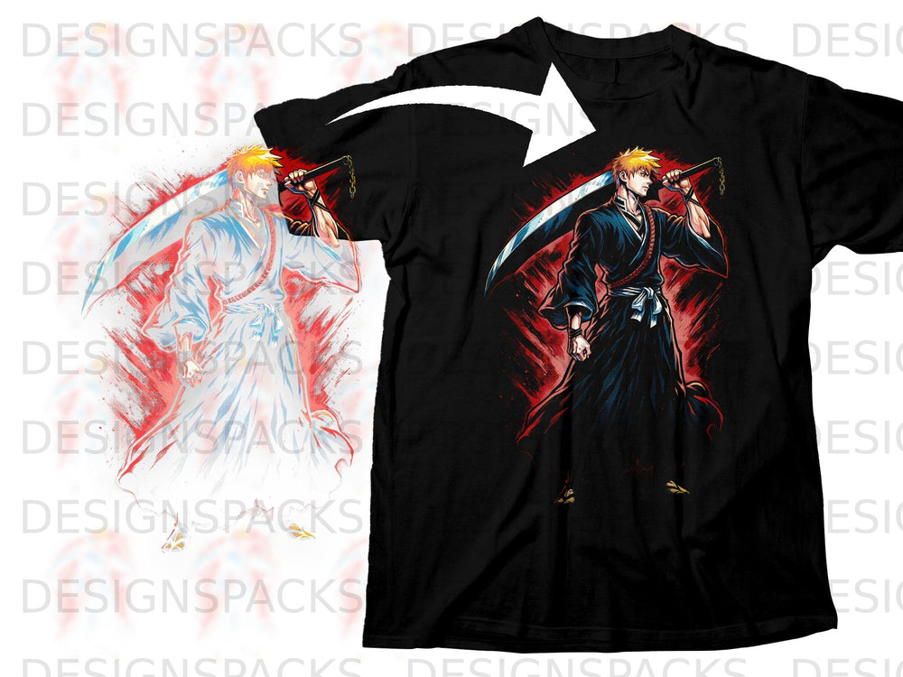 Anime character with orange hair wielding a large sword on a black t-shirt.